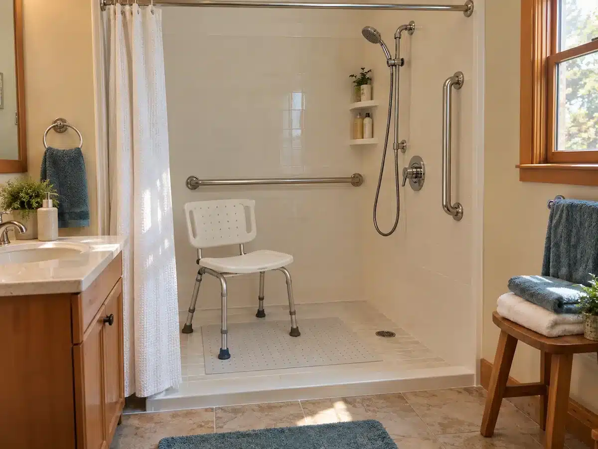 Walk-in shower with a shower chair, grab bars, and handheld shower head set up for safe personal care at home