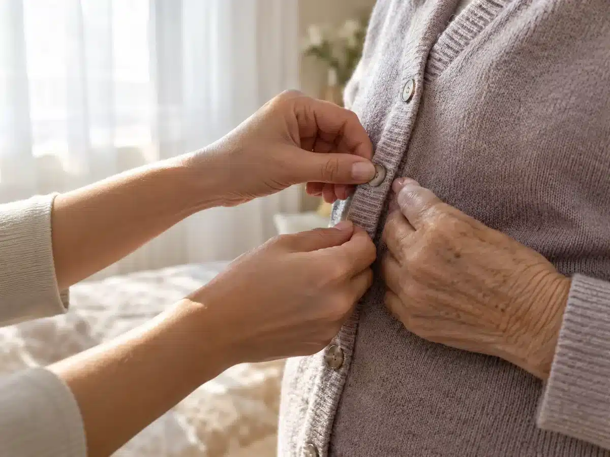Caregiver's hands helping an older woman button her cardigan by a bedroom window