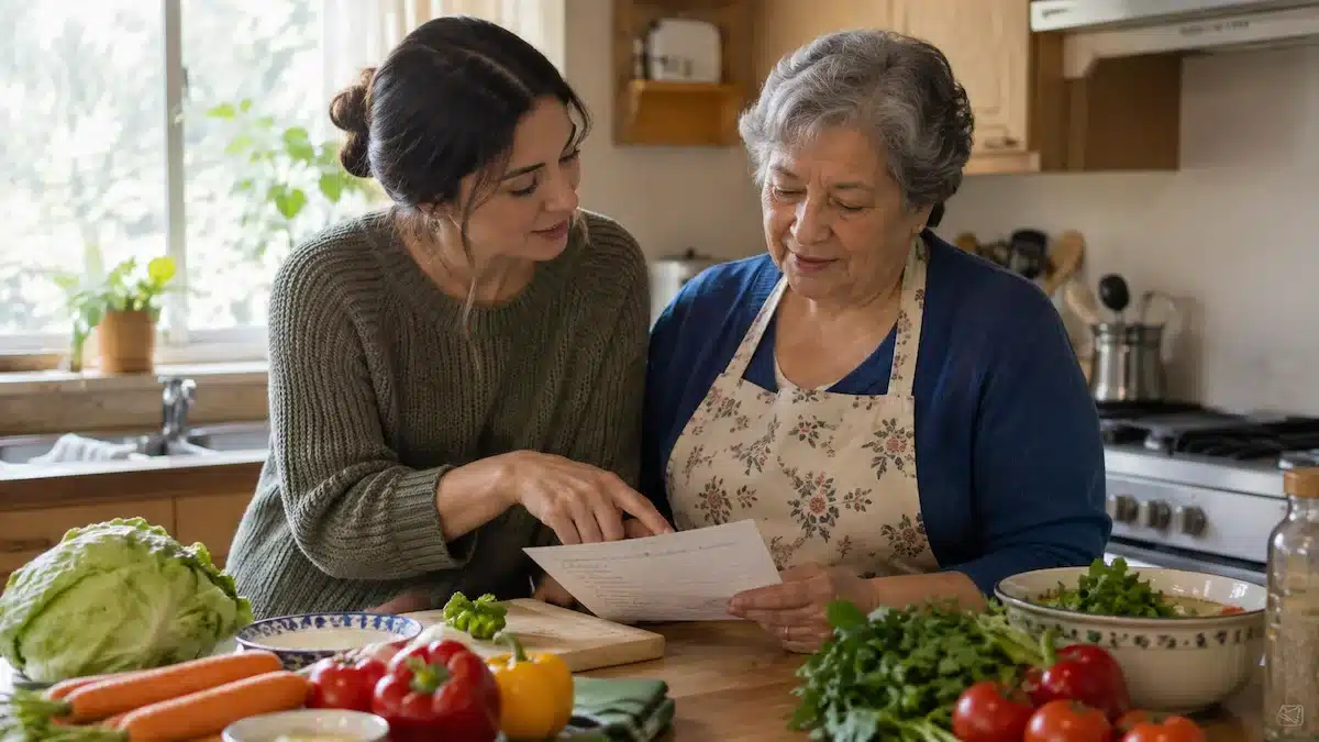 Family caregiver helping an older Arkansas parent with daily living tasks at home