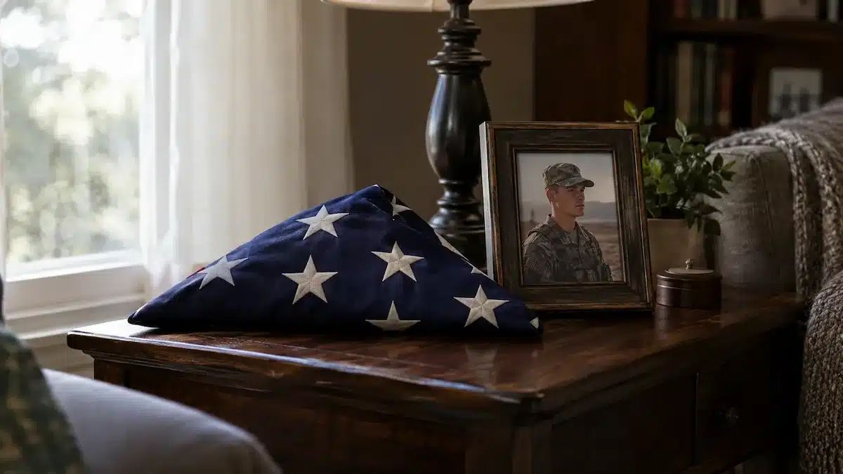 Quiet living-room detail suggesting a veteran household considering VA home care benefits
