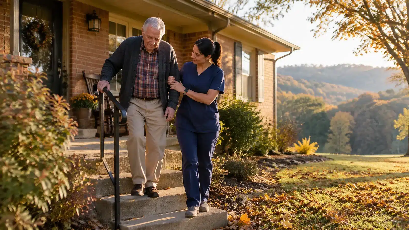 Caregiver steadying a senior man's elbow as he walks down his front porch steps on an autumn morning in Northwest Arkansas